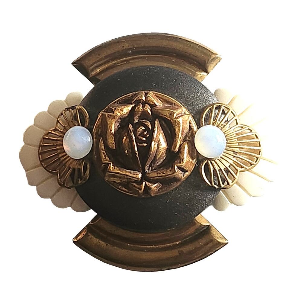 Vtg S. Schiller Brass Rose Bakelite Opalite Pin Brooch